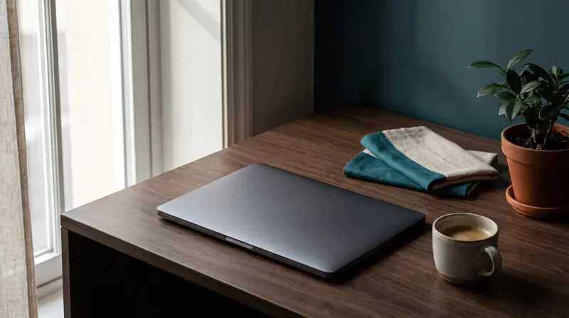 A closed laptop, a ceramic coffee cup and folded linen on a dark wooden desk beside a window in soft morning light