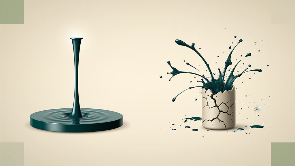 A steady, even stream flows from a single spout into a calmly filling pool on one side, while beside it a cracked vessel releases the same fluid in sudden, uneven bursts and spatters.