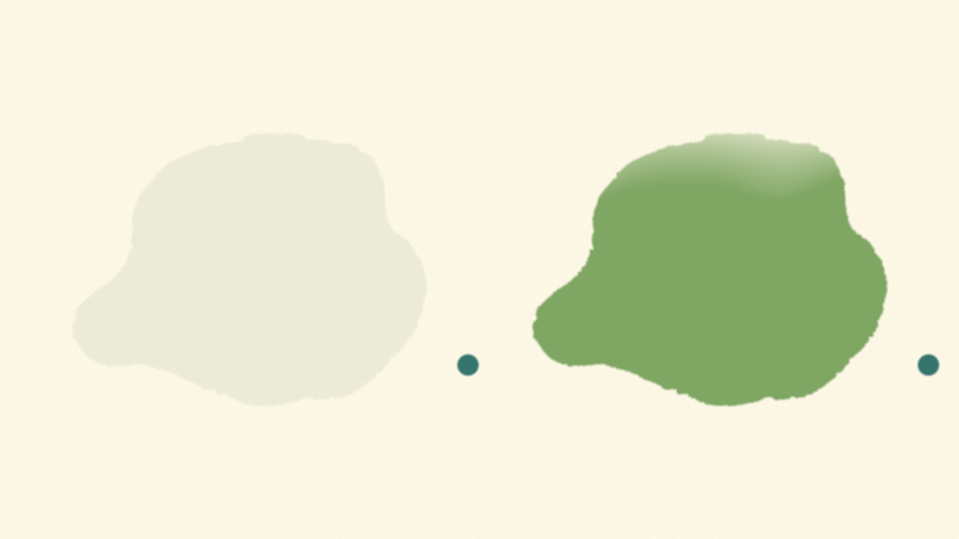Two soft organic forms sharing one identical outer outline on a warm bone field, the first holding only a faint sage wash and the second filled with a dense matcha mass, one small flat teal mark resting unchanged beside each.