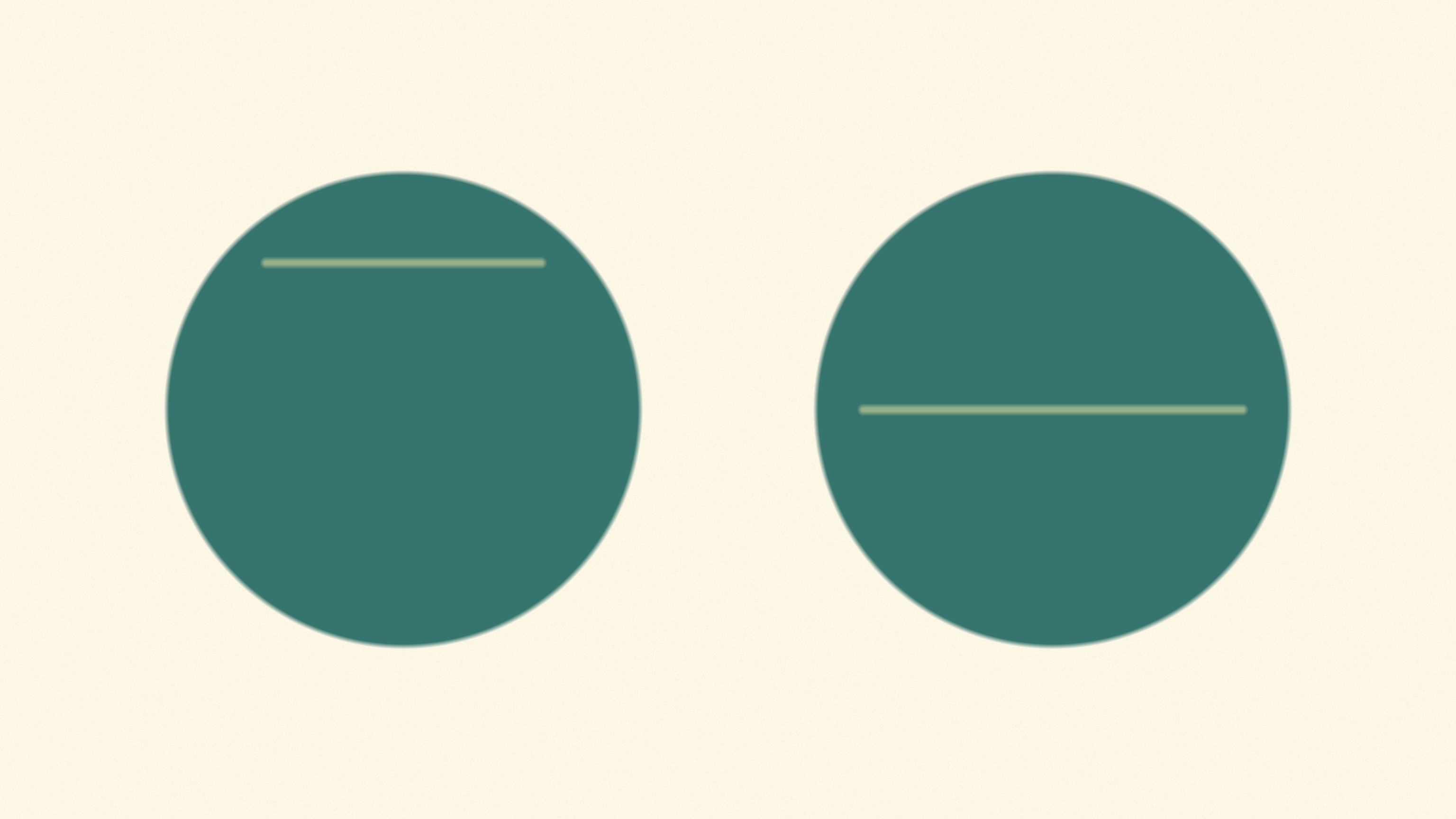 Two large soft teal circles resting well apart on a warm bone field, a short sage line crossing the first near its upper edge and a longer one crossing the second through its middle, an abstract image of one threshold drawn at two different heights depending on who was measured to set it.
