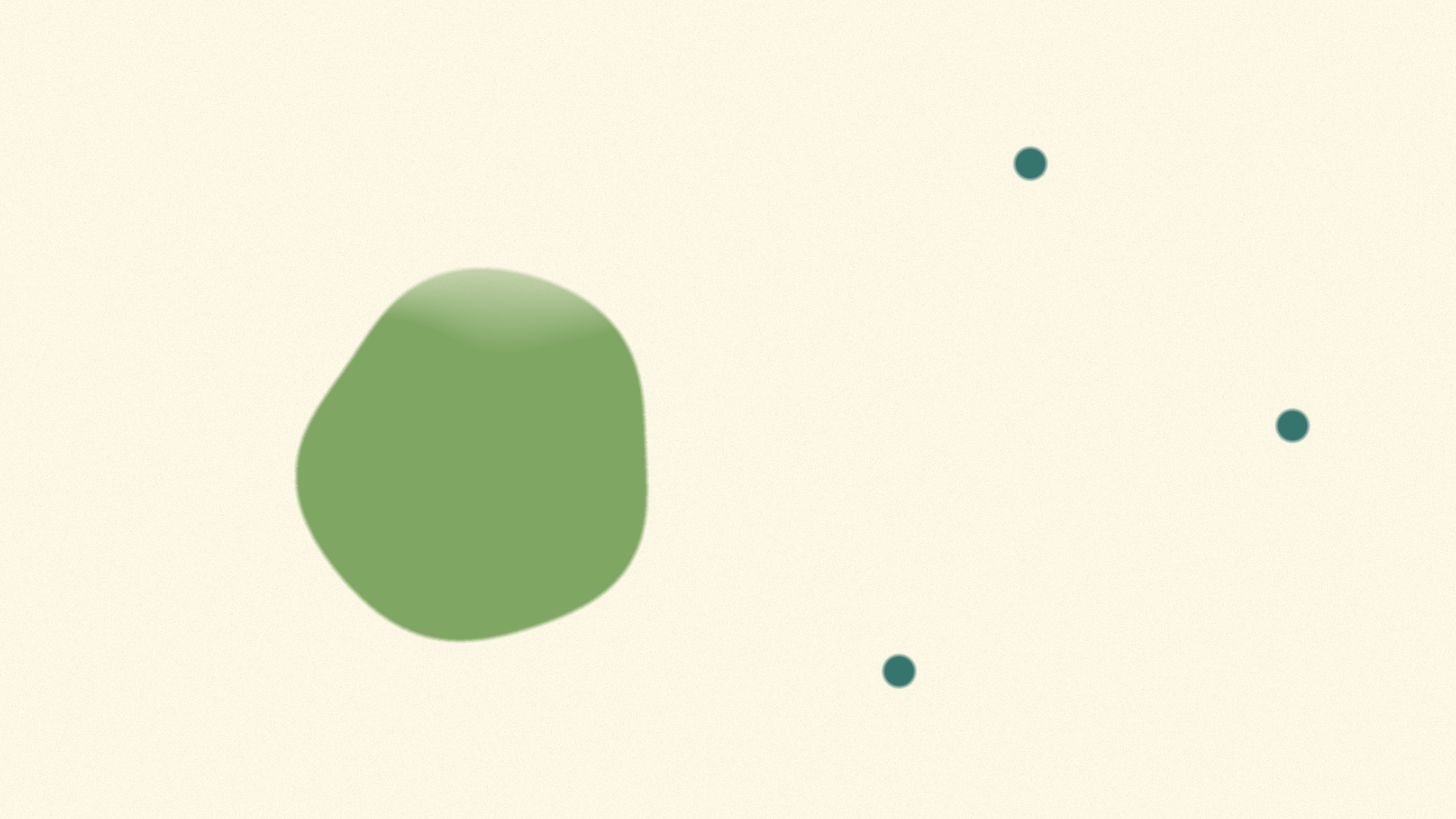 One large soft matcha form on a warm bone field, even through its body with its upper edge lightening toward the paper, and three small identical flat teal marks resting untouched in the open space outside it, an abstract image of accumulation that keeps building while the marker meant to report it never moves.
