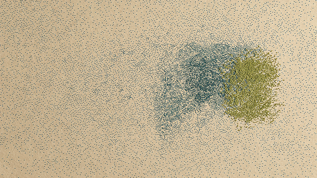 A bone-colored field holding a quiet, even drift of fine teal points with a single denser matcha cluster gathered to one side, the same field carrying very different densities.