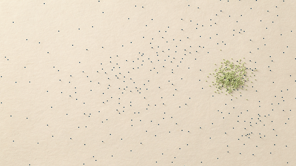 A bone-colored field crossed by many faint particle points, most a cool teal drifting evenly apart while one small cluster glows matcha and gathers closer, the count standing apart from the mass.