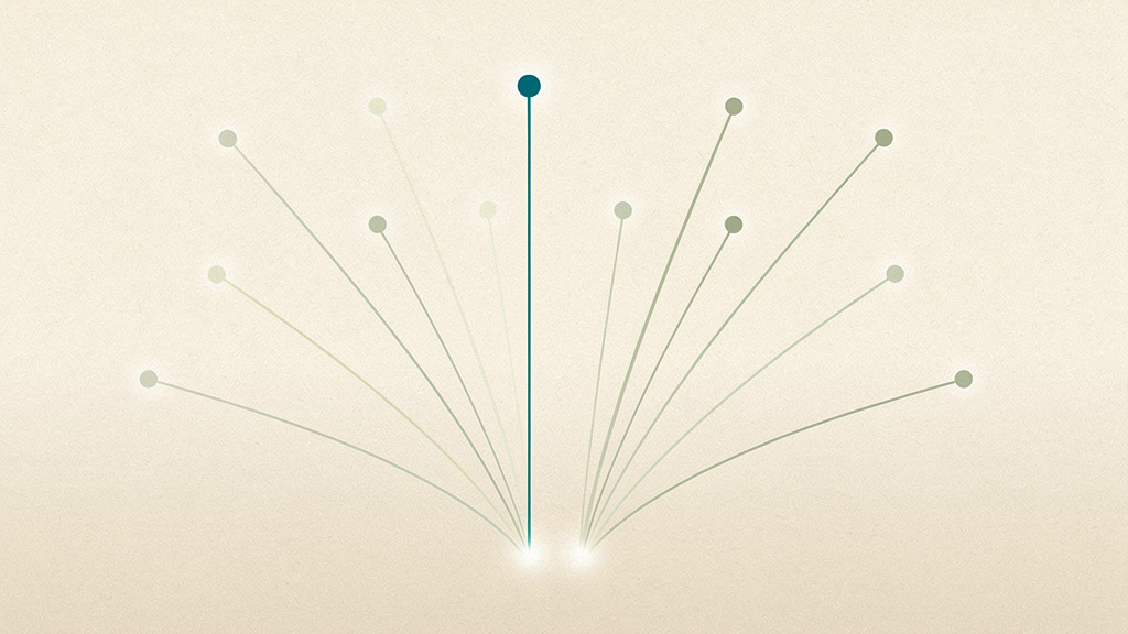 One steady line rises straight from a shared starting point while a dozen thinner lines fan outward from that same point in every direction: one enzyme that stays concentrated in a single organ against another scattered through many different tissues.