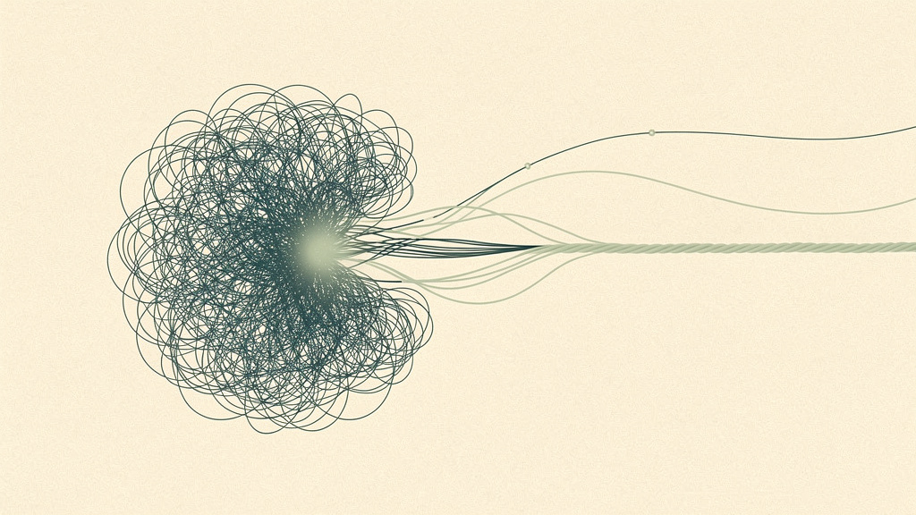 A dense tangle of small dark threads unravels near a glowing point at its center, with a few loose strands drifting free and reforming into a new, cleaner strand nearby: cellular clutter being taken apart and rebuilt into something usable.