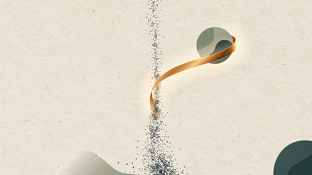 A thin stream of dark scattered particles drains downward while a single glowing amber ribbon peels away from it and wraps in a protective arc around a small floating sphere, showing how the discarded fraction of a process can end up shielding something nearby.