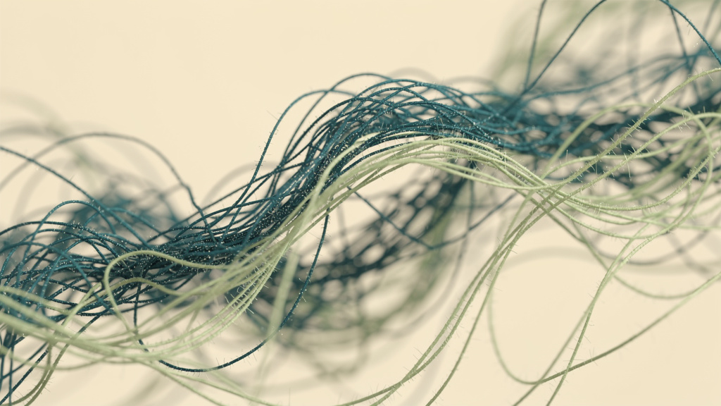 Fine teal and matcha filaments intertwining as they drift across a pale bone background.