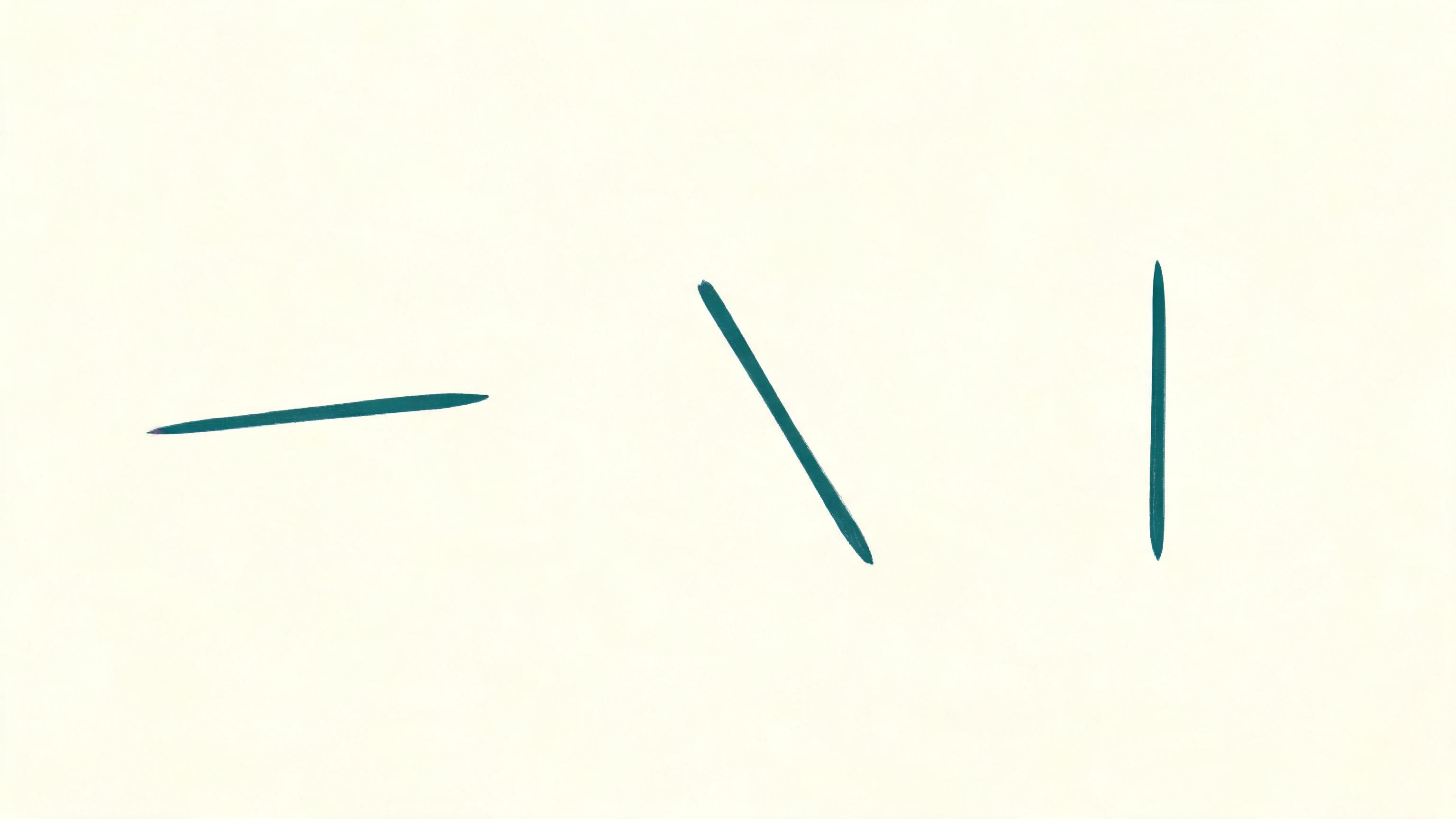 A single slender teal line passing through several quiet positions, flat, inclined, and upright, across a wide bone field, with one soft sage point of light resting where the line sits calmest.