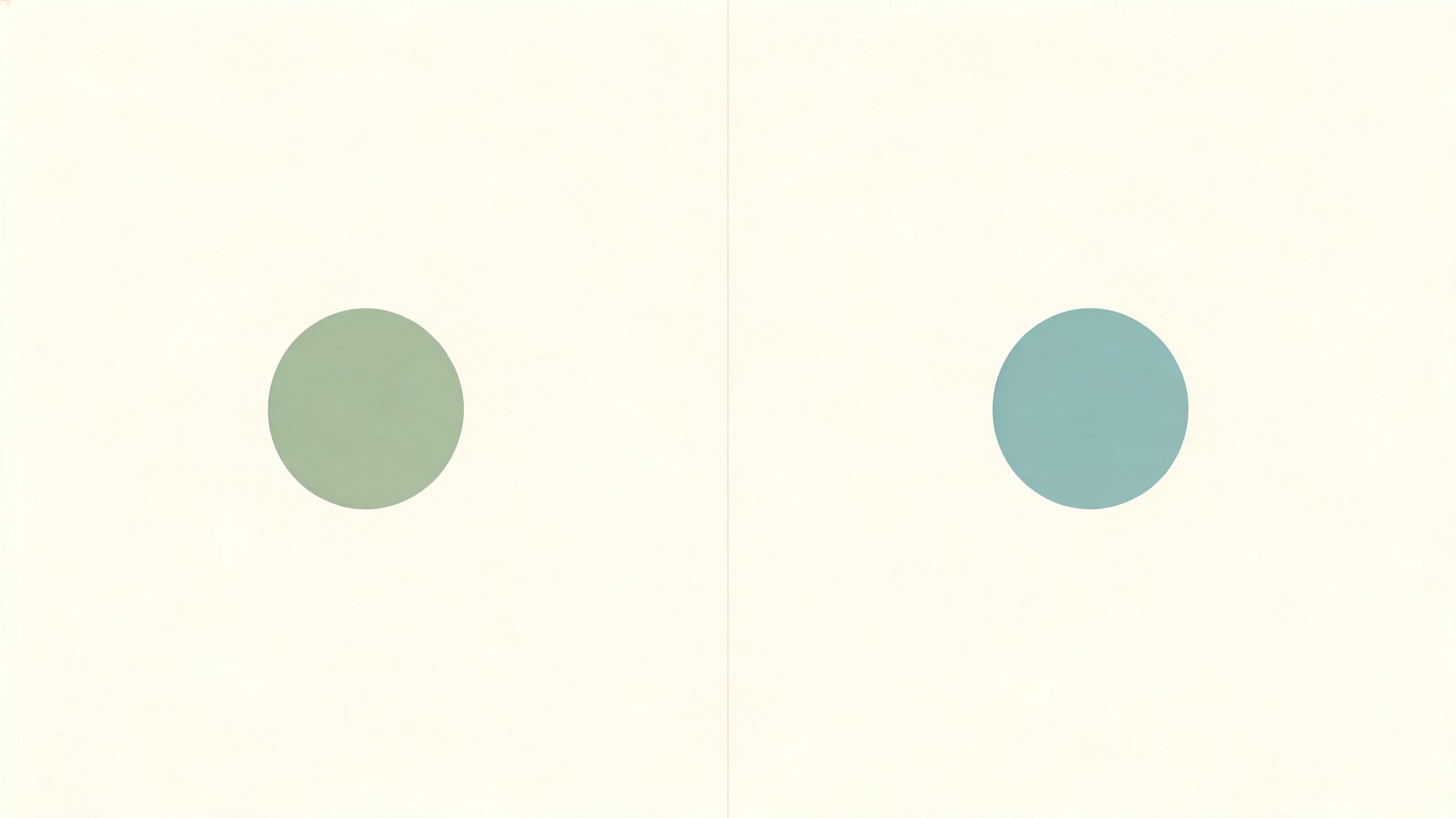 A pale bone field divided into two calm halves, a small sage disc on one side and the same disc grown fuller and warmer in teal on the other, two ordinary conditions of one simple form.
