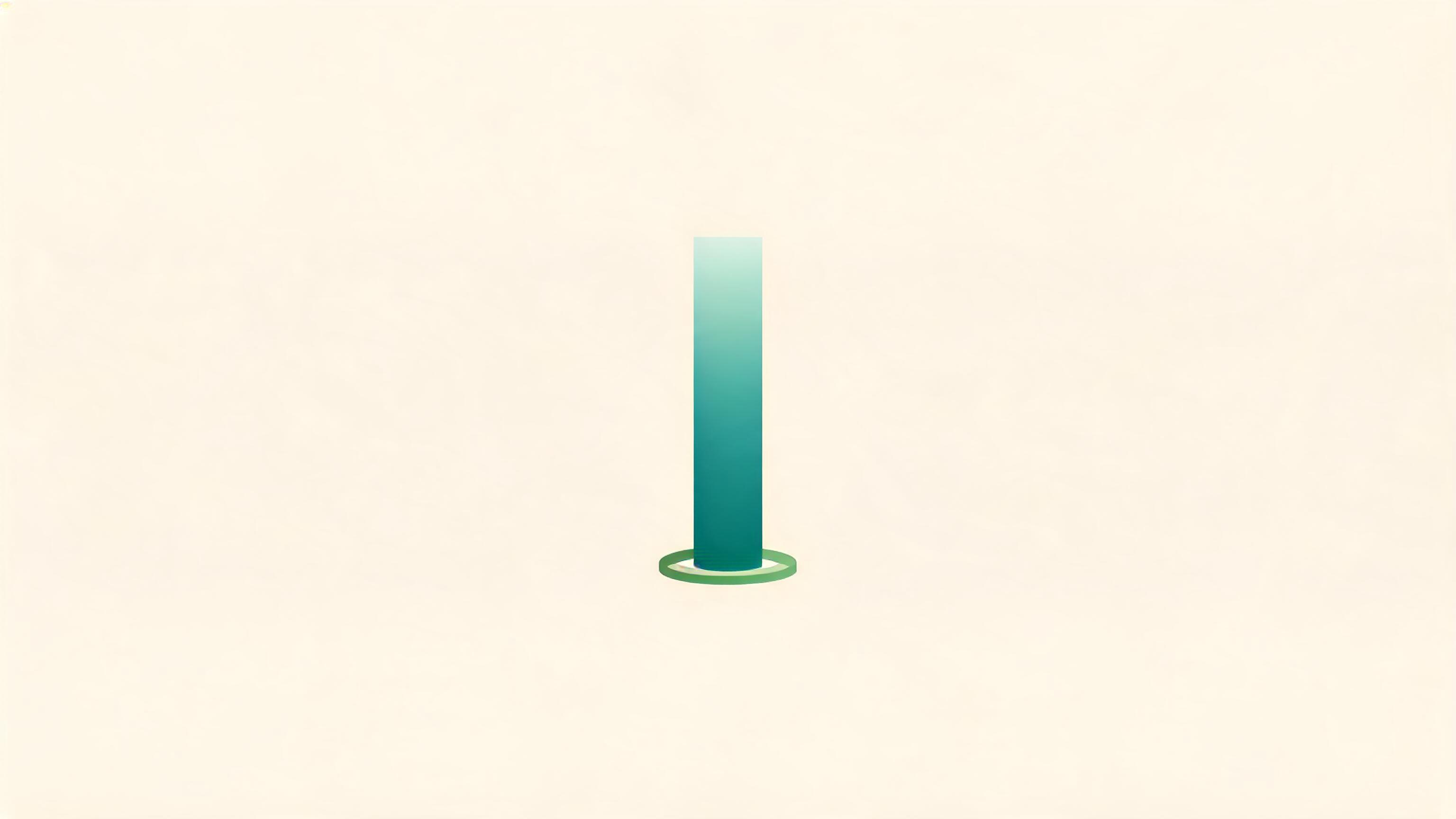 A narrow teal column in a bone field, its base gently denser than its upper edge, with a thin sage band wrapped once around it, suggesting a quiet gathering of weight low in the form.