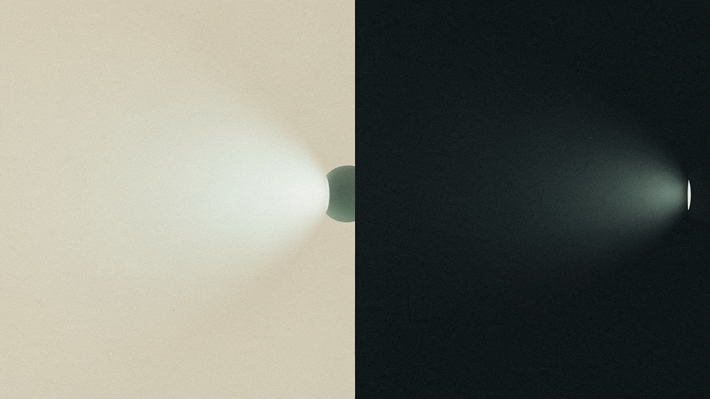 A bright source and a dim source cast the same colored light across a bone field, yet only the bright one carries a strong signal deep into the dark, an abstract image of intensity and timing outweighing color.