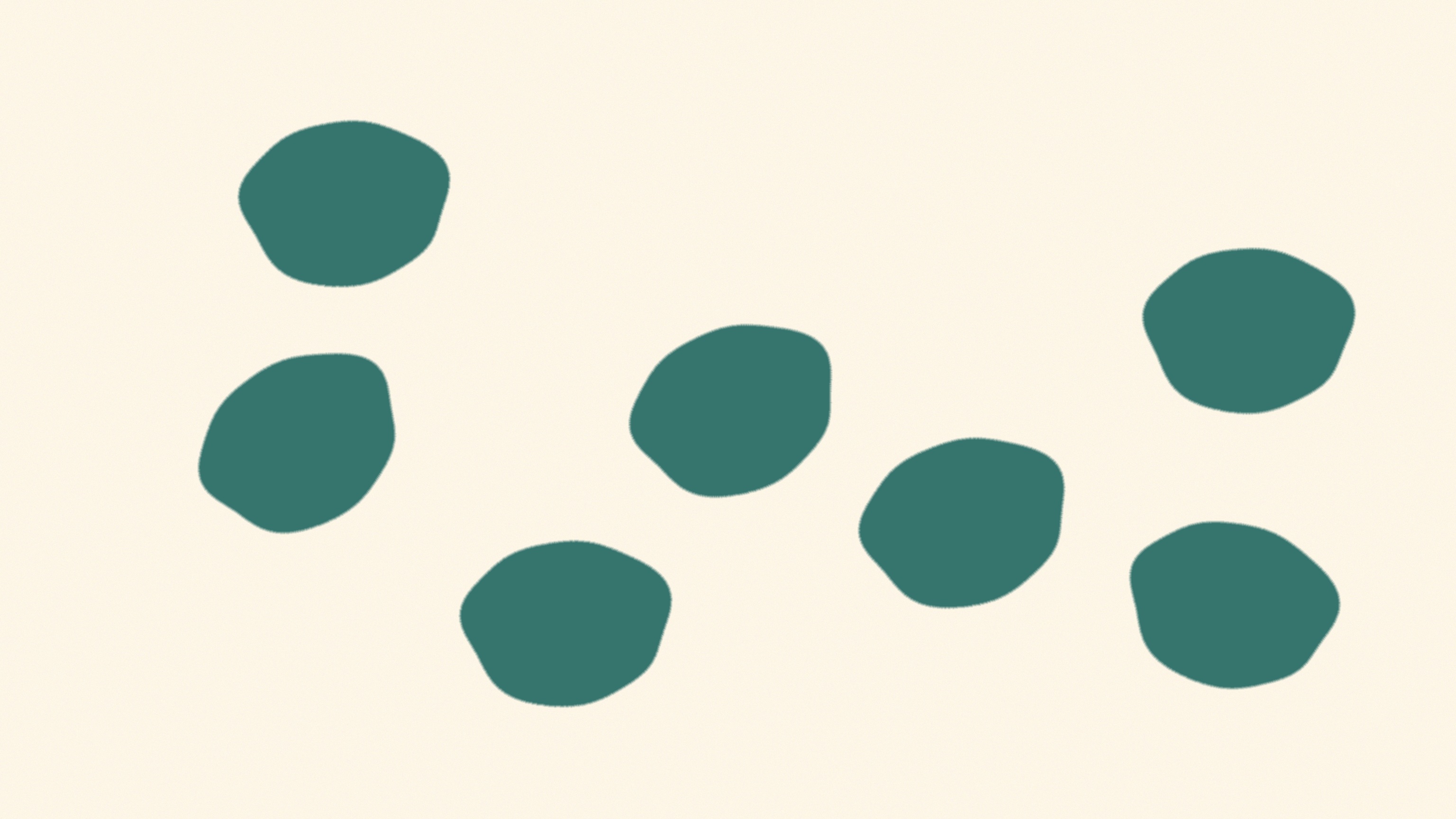 Seven identical soft teal forms, each the same size and the same flat tone, scattered with generous space across a warm bone field, an abstract image of a measure that renders every body as one identical reading.