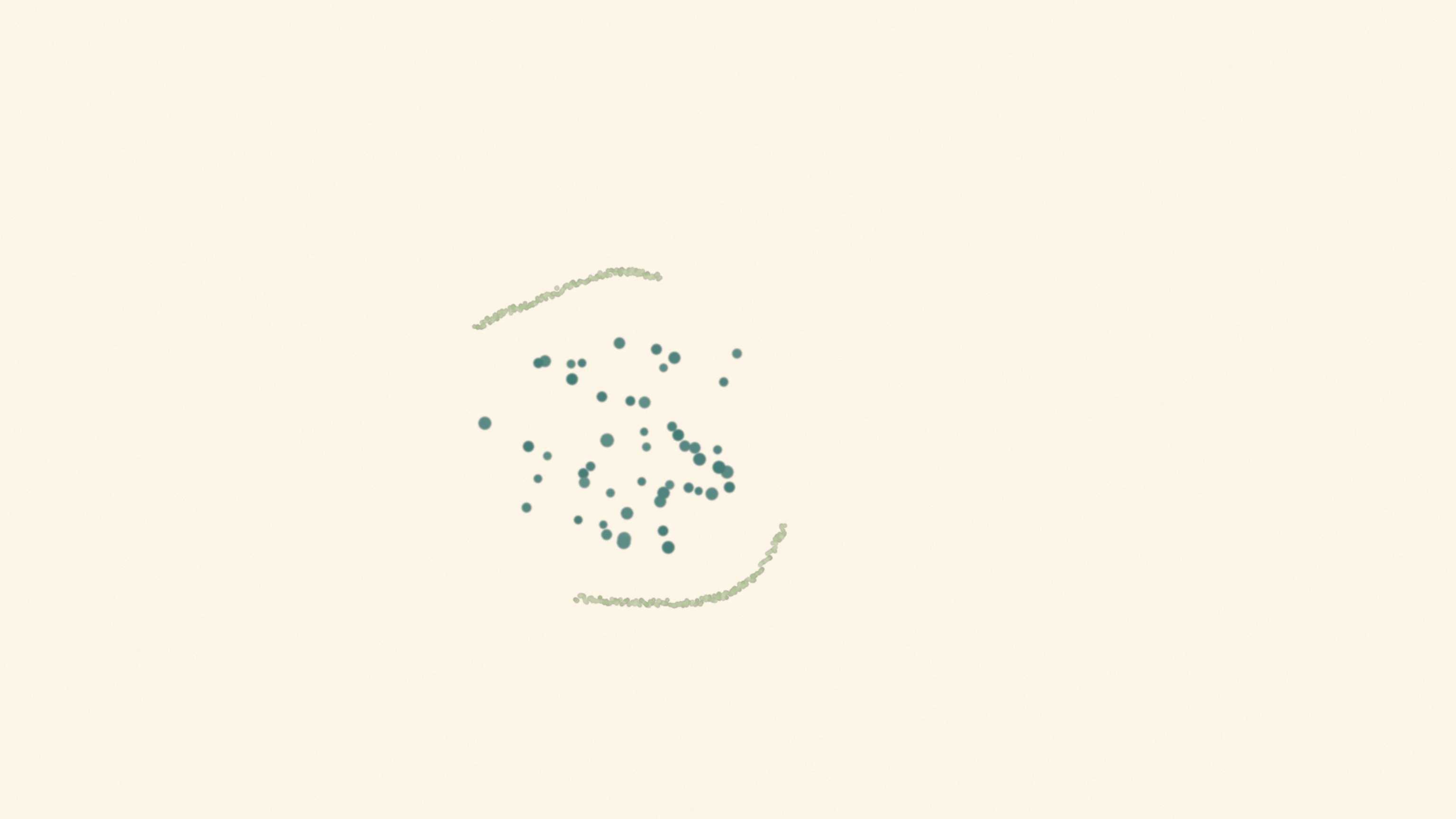 A loose gathering of small teal marks, dense at the center and thinning outward into open paper, bracketed by two short broken sage arcs that never close, an abstract image of a category whose boundary does not describe what sits inside it.