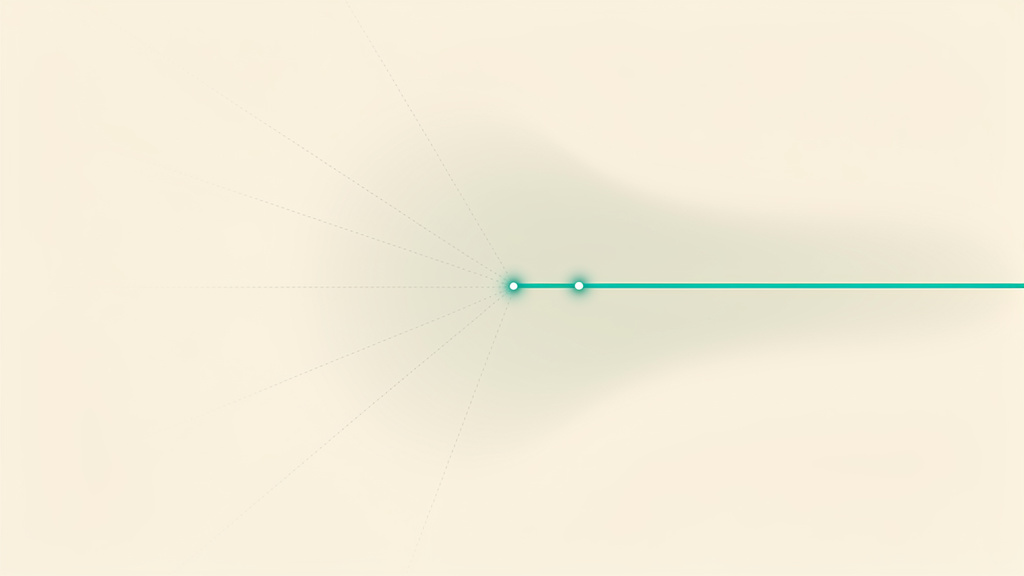 A single point drifts inside a wide, faintly bordered zone with several thin arrows pointing away from it in different directions, until a second smaller point appears beside it and one bright line locks the two together, now pointing in a single clear direction while the other arrows fade: a number that only points somewhere definite once it is read next to a second number.