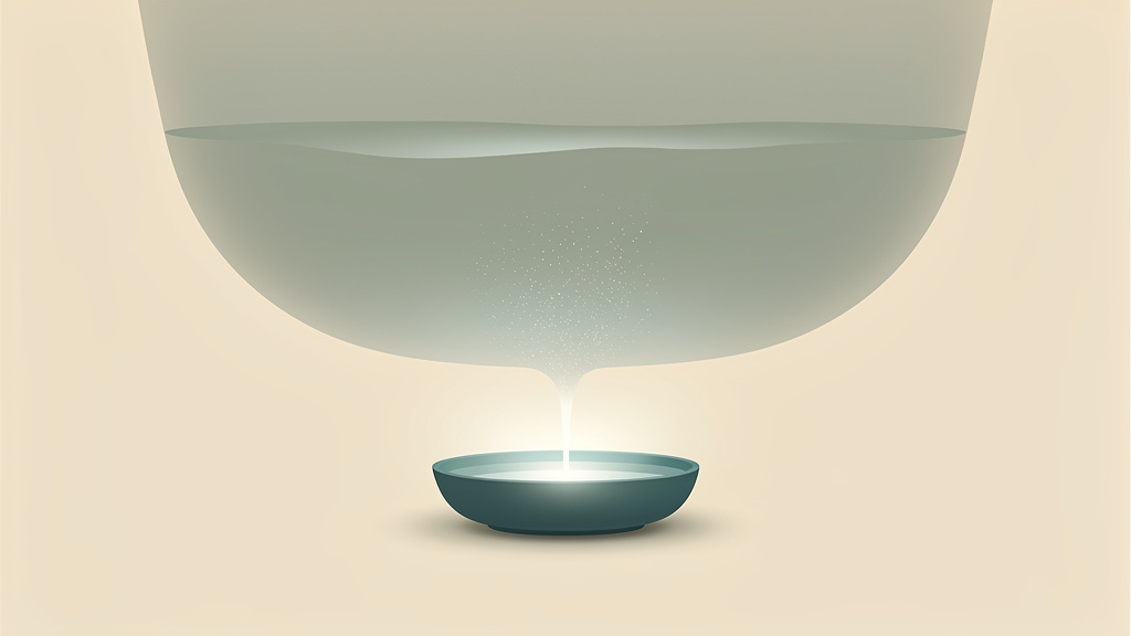 A small illuminated dish stays perfectly level and full in the foreground while a vast, dim reservoir behind it visibly drains through a thin connecting channel to keep topping it off: a tiny, tightly held blood level being quietly resupplied by a much larger store.