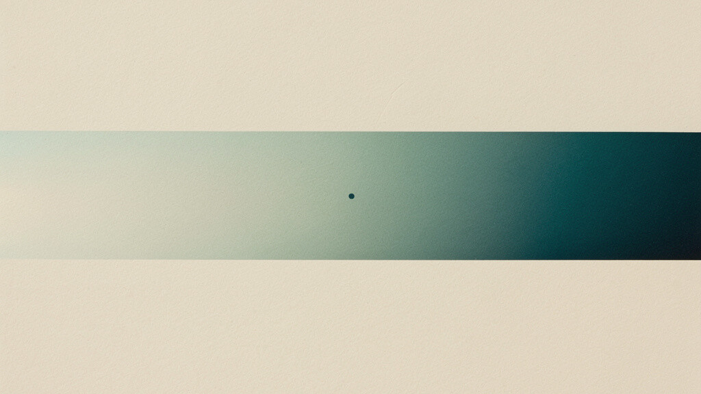 A single long horizontal band sweeping across a warm bone field from a pale, low dawn glow on the left, through soft muted sage, into deep teal dusk on the right, with one faint slider mark resting off-center rather than in the middle, an abstract dial of a personal clock set closer to one end of the day. A chronotype is a dial you are mostly born with, resting at its own point along the day rather than at the middle.