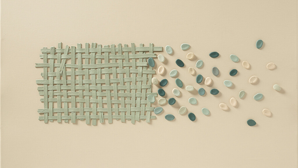 A woven collagen lattice breaking apart into small scattered fragments across a bone field. Swallowed collagen is broken into amino acids and small peptides, like any protein.