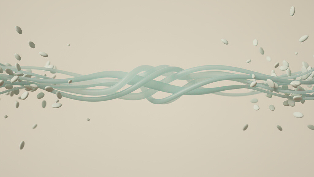 Abstract rendering of a collagen strand loosening into scattered fragments, in bone, sage, and teal.