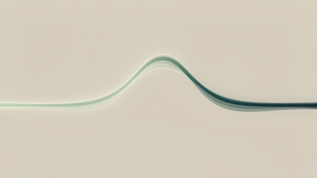 An abstract bone-colored field crossed by a single luminous line that rises in soft matcha to a gentle morning peak, then descends and cools into deep teal toward a quiet low, suggesting a day's cortisol rhythm.