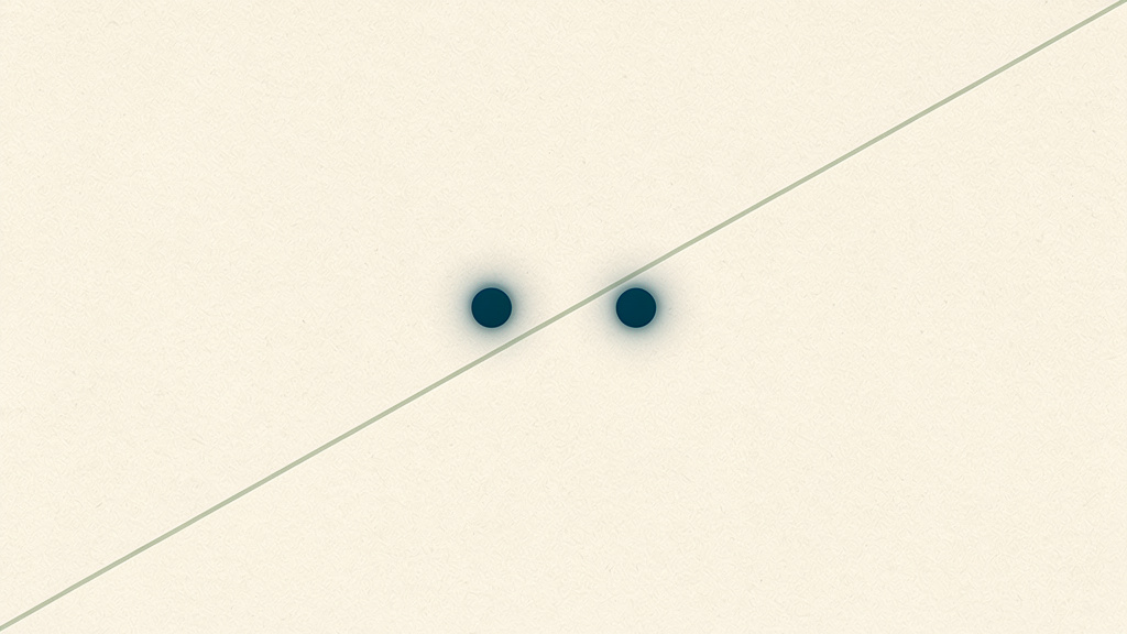 Two identical dots sit at the same height, but a single rising diagonal line crosses above the first dot and below the second: the same test result can sit on opposite sides of a threshold that itself moves with age.