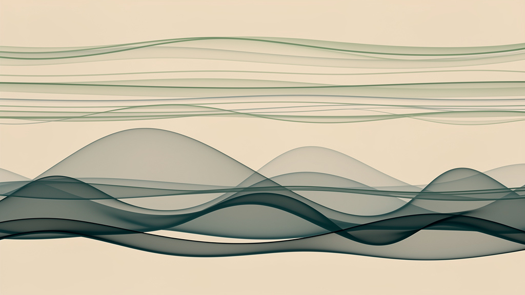 An abstract bone-colored field layered with translucent strata of a single night, the deepest band rendered as slow, calm teal delta waves with soft matcha echoes above.