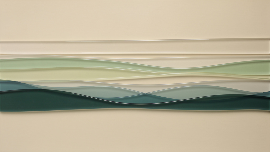 Sheer overlapping horizontal bands of teal and matcha on a bone ground, the lowest band a slow, calm deep-teal delta wave.