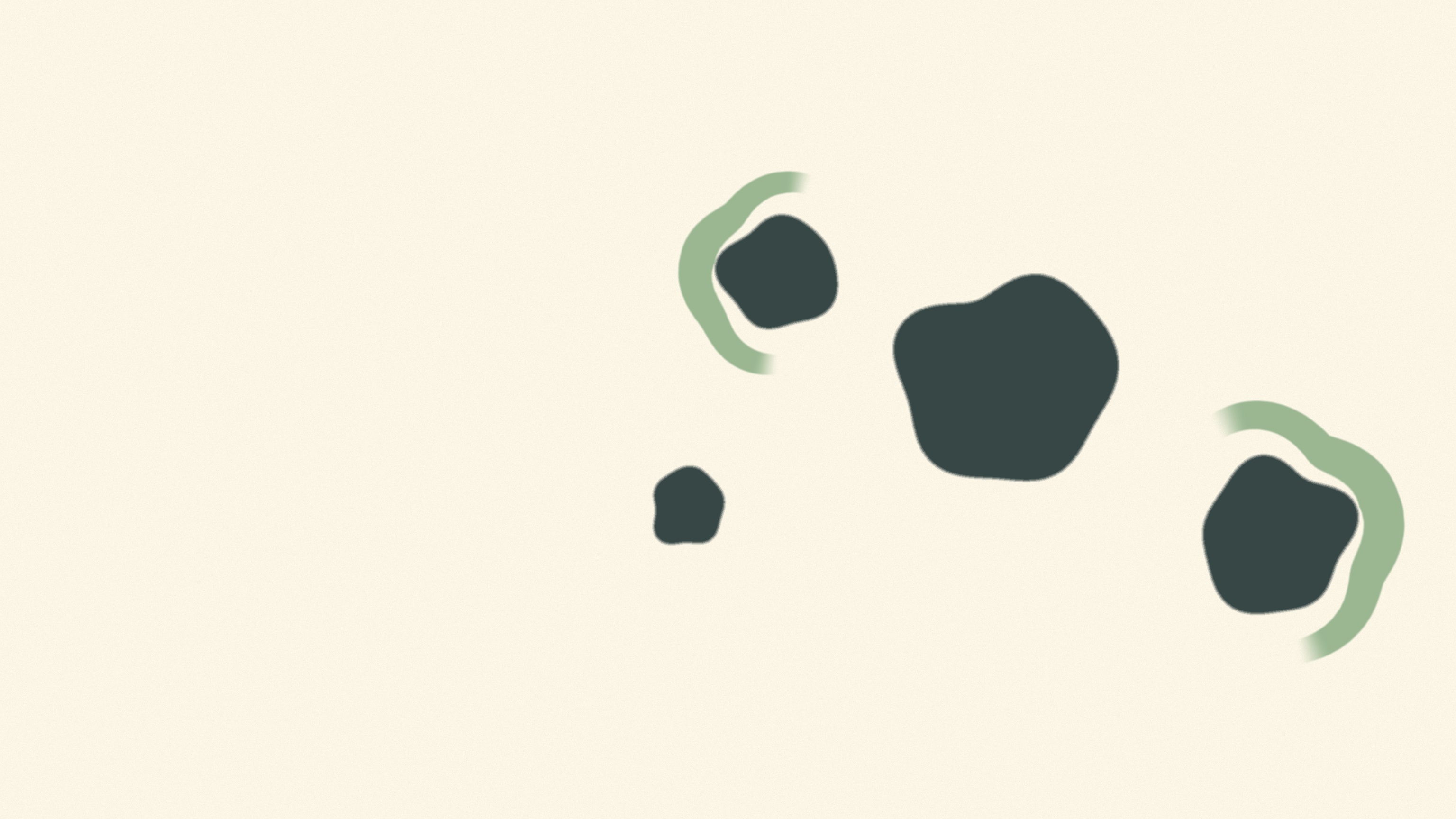 Four flat deep teal forms of clearly different sizes rest across the right two thirds of a warm bone paper ground, arranged diagonally rather than in a row. Two of the four carry an open pale matcha arc that touches one side of the form and thins away on the other. The far left of the frame stays empty.