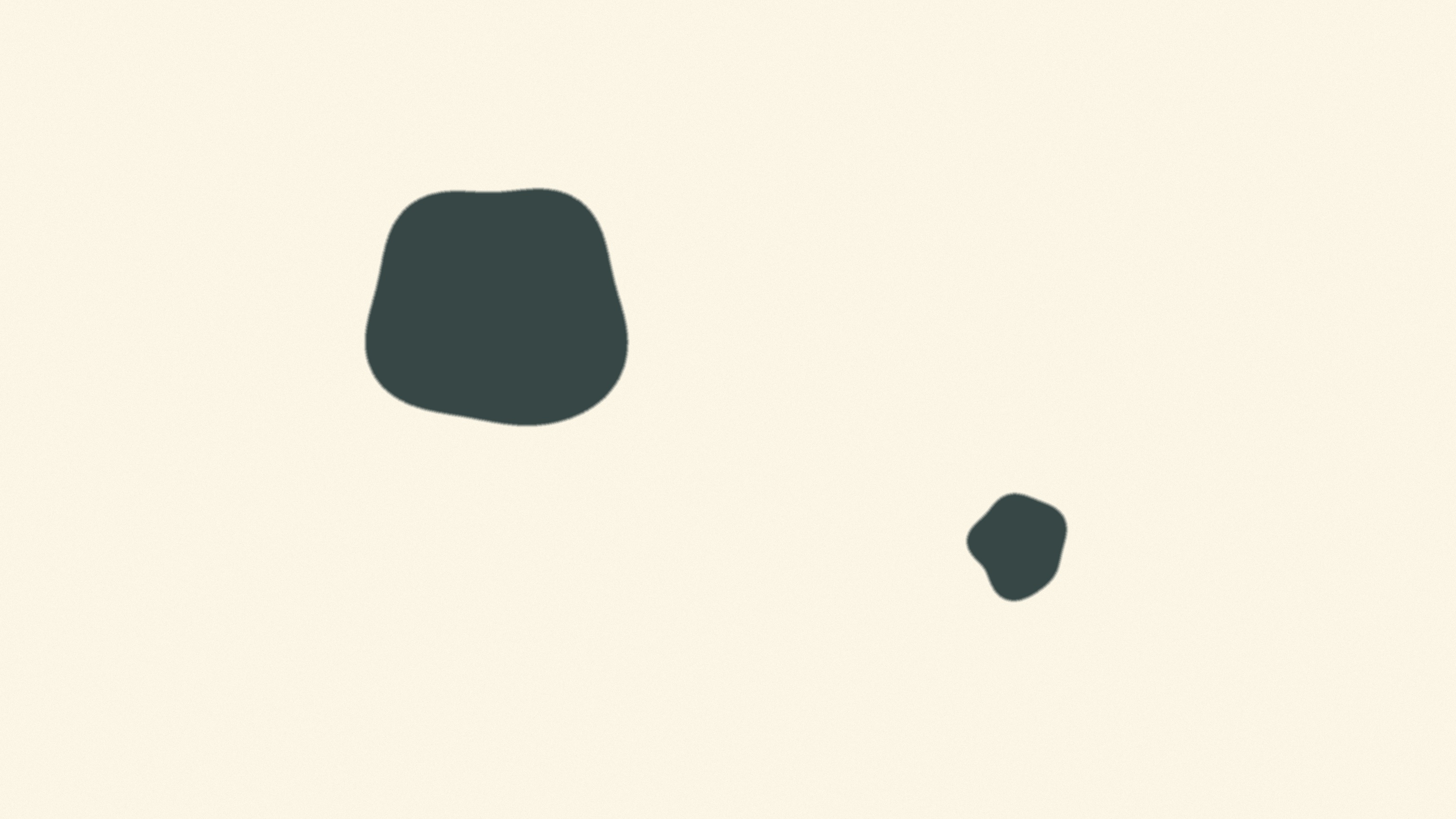 Two flat deep teal forms of the same exact color sit apart on a warm bone paper ground, one considerably larger than the other. Neither touches the other and neither sits on a shared line. They are placed at different heights, with generous open space surrounding both shapes.