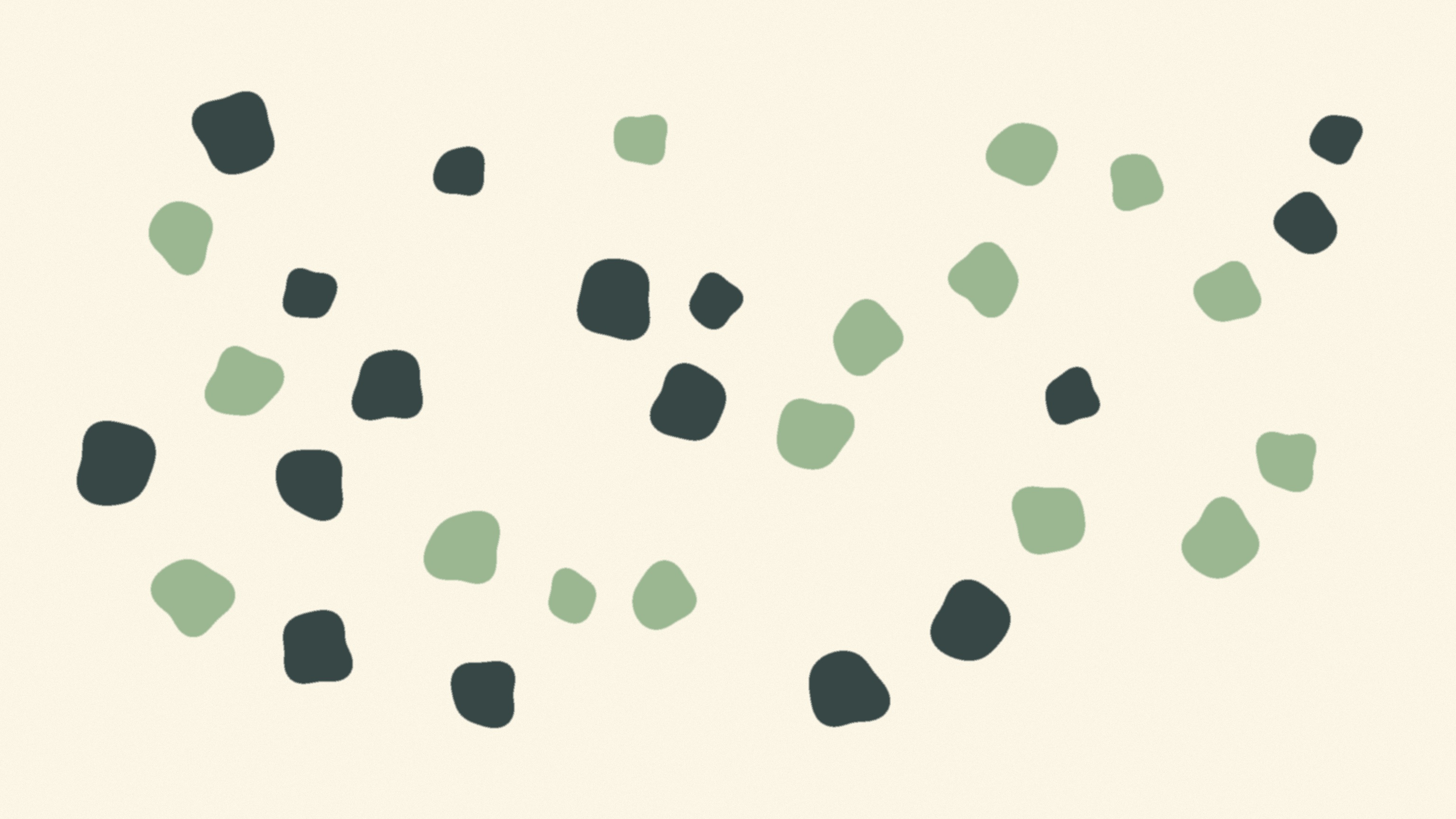 About thirty small flat forms are scattered across a warm bone paper ground with no rows, columns, or grid. Roughly half are deep teal and half are pale matcha, the two colors mixed together throughout the frame rather than gathered into separate groups or sides.