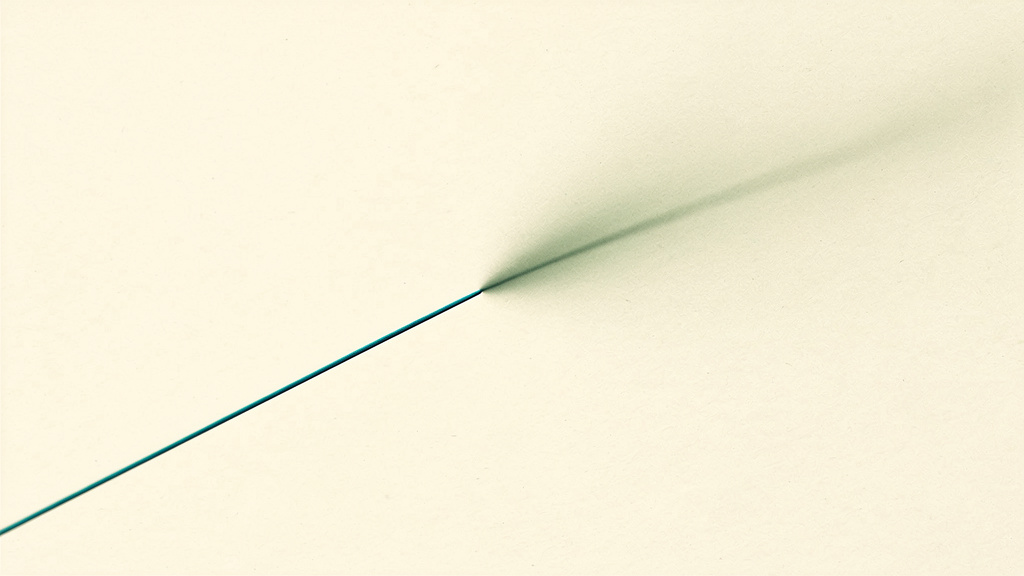 A slender teal line drawn taut and lengthening across a bone field, its strain showing only faintly further along rather than where it is pulled, an abstract image of a strain that registers only later.