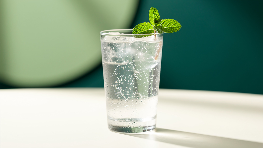A clear glass of water with a sprig of green, lit cleanly against soft green tones.