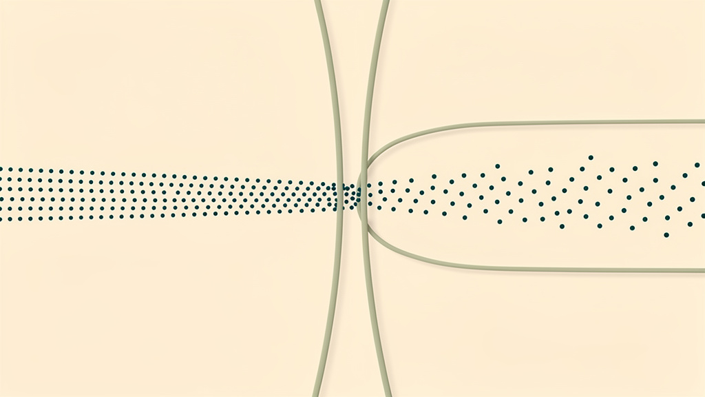 A steady stream of small dots passes through a narrow gate that quietly widens partway across the frame, letting the same flow move through more evenly on the other side.