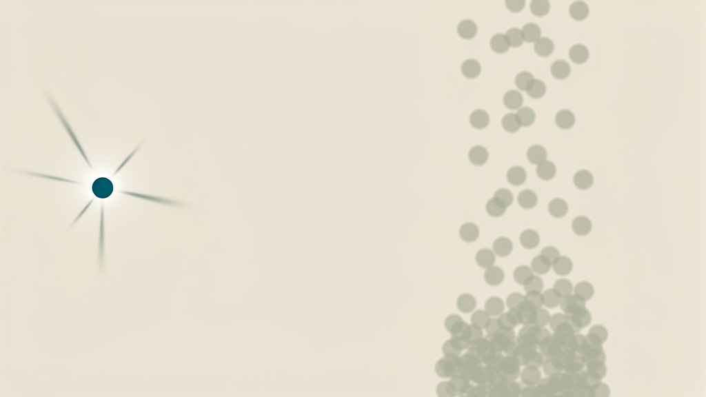 A bright point releases one quick radiating flash on one side while a loose scatter of dots slowly drifts downward and clusters together on the other, showing a fast chemical signal next to a slow physical settling process.
