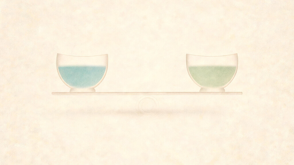 Two slender abstract vessels resting on a level balance beam, one holding a soft teal wash and one a paler sage wash, poised evenly above a bone ground with faint concentric shadows. A session can tilt which fuel you draw on, yet across a full day the two sides tend to settle level.