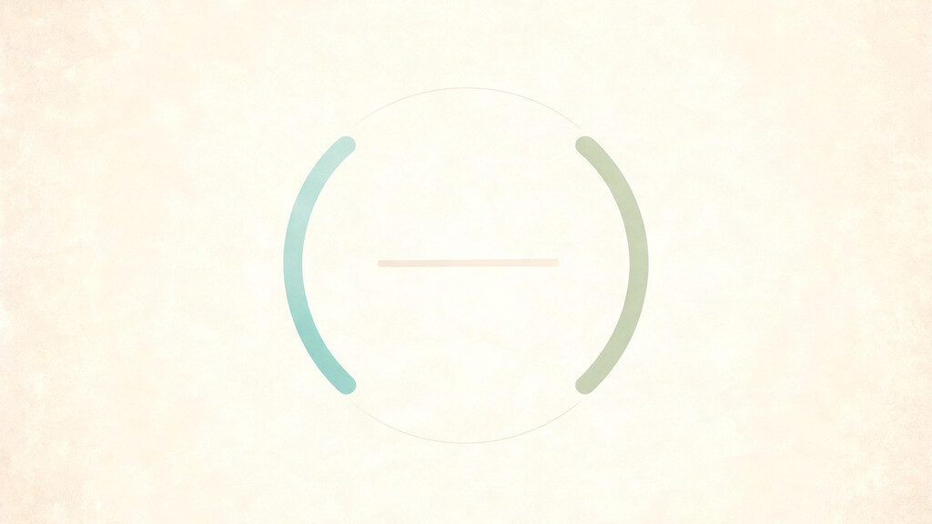 An abstract circular dial with a single thin needle resting midway between a muted teal arc and a sage arc, no numbers or markings, floating on a bone field with a soft outer wash. The fuel gauge shows the mix in the moment, not the balance that decides body fat over weeks.