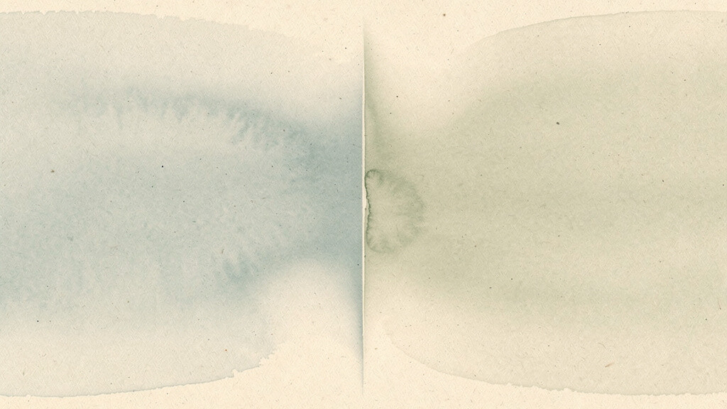 Two broad, soft washes of muted teal and sage flowing toward each other and blending along a gentle central seam on a warm bone field, one side lighter than the other, evoking two fuels meeting in balance. Fasted or fed, the body is always blending two fuels; the balance that matters is settled over days, not during a single hour.