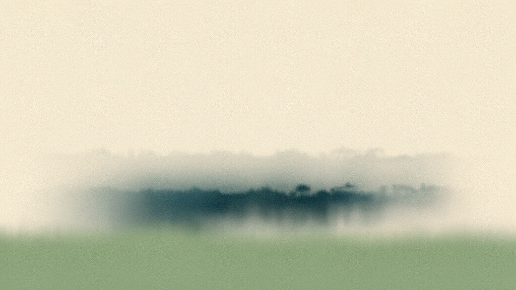 A pale bone field with a soft matcha band low in the frame and the deep-teal volume above it thinned and receding, an abstract image of a level slipping below the line it once filled.