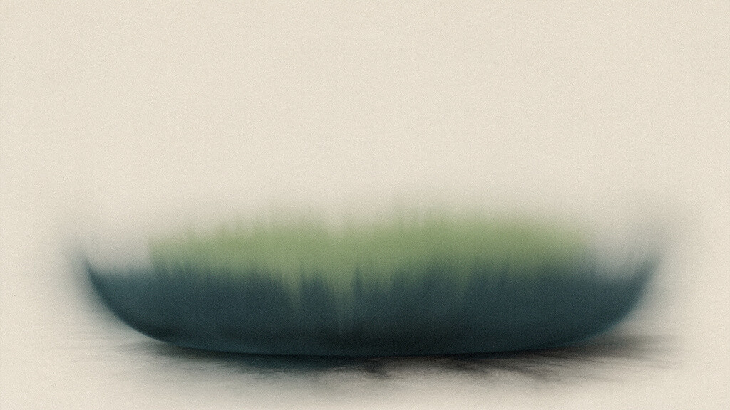 A soft deep-teal-into-matcha volume resting low in a calm bone field with open space above it, an abstract image of a quiet reserve run down first.