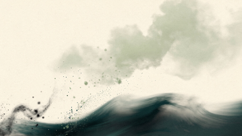 A soft bone field where pale matcha forms gather and break into smaller motes that drift toward a deep teal current sweeping below, fermentation rendered as quiet transformation.
