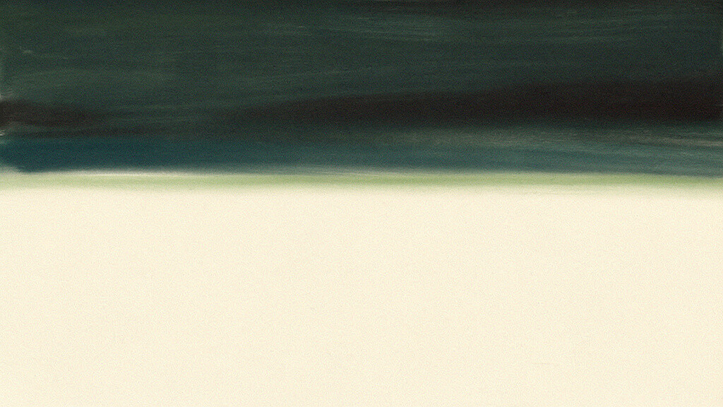 A wide bone plane holding a single thin band of matcha low against a far larger, deeper reach of teal above, a small filled measure set against a large open space.