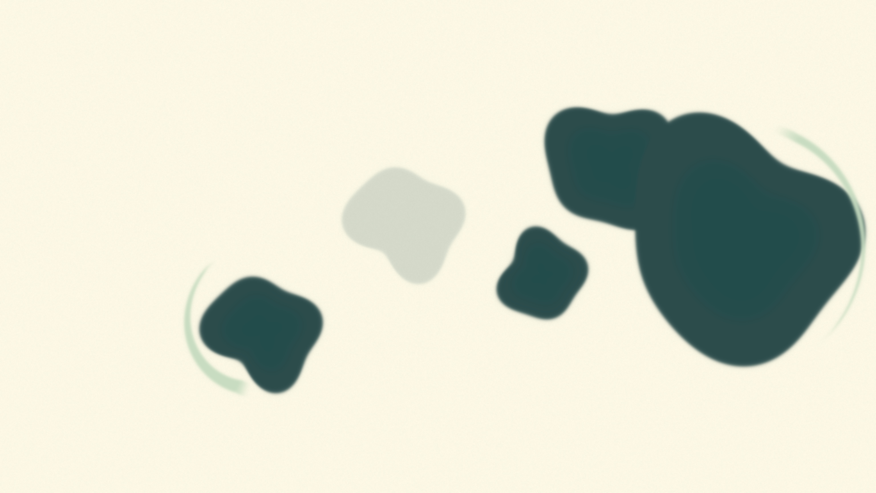 Three large soft-edged teal forms of different sizes arranged on a loose diagonal across the right two thirds of a warm bone field, two of them carrying open matcha arcs that point away from each other, one form reading softer at its edge than the others while holding the same silhouette weight, an abstract image of pressure and tension held at the surface without any form losing its shape.
