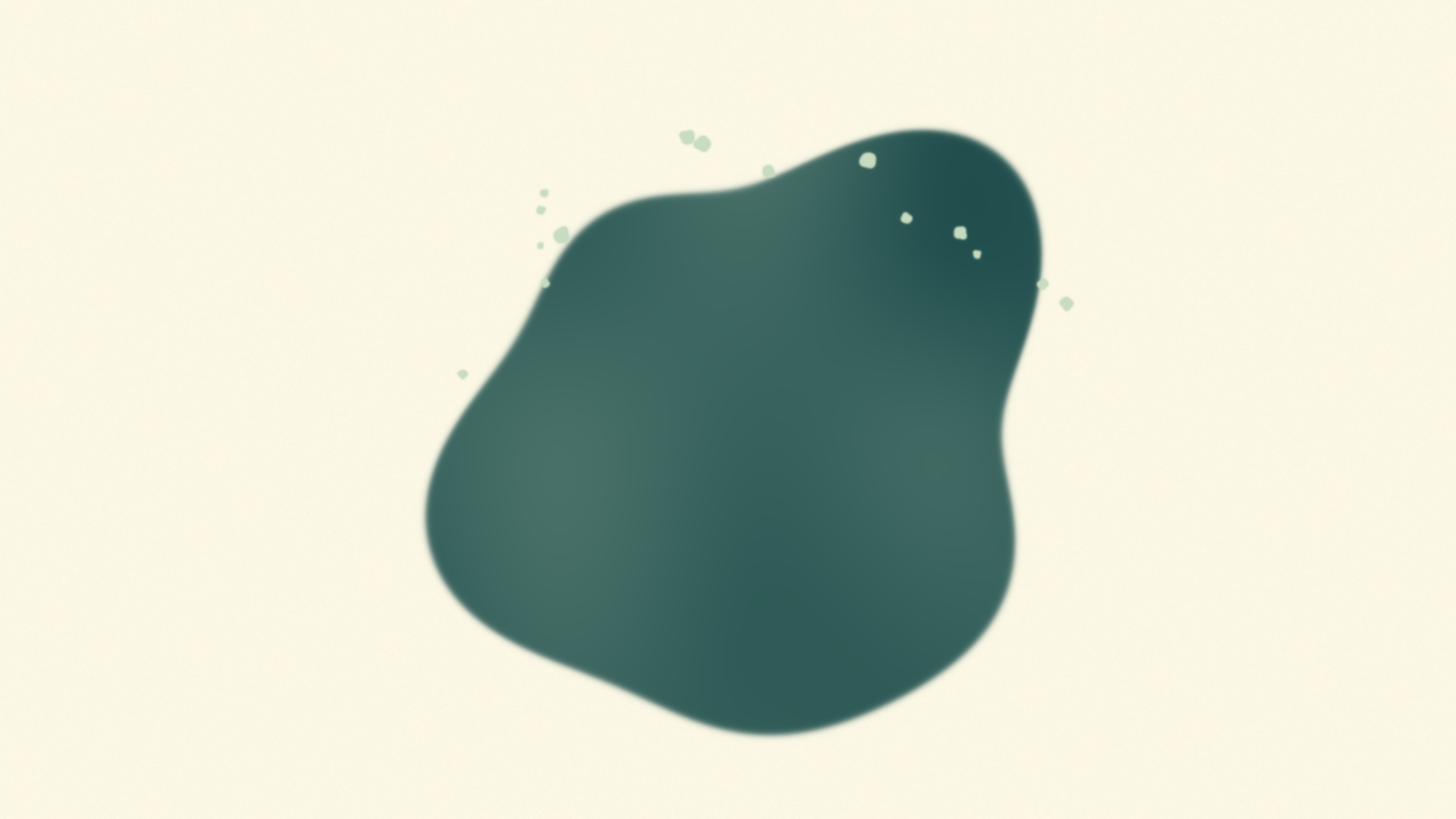 One large soft teal form filling most of a warm bone field, its interior carrying a faint matcha gradation, a loose scatter of very small matcha marks gathered along its upper edge only, an abstract image of pressure read at the surface of tissue rather than reaching into whatever lies beneath it.