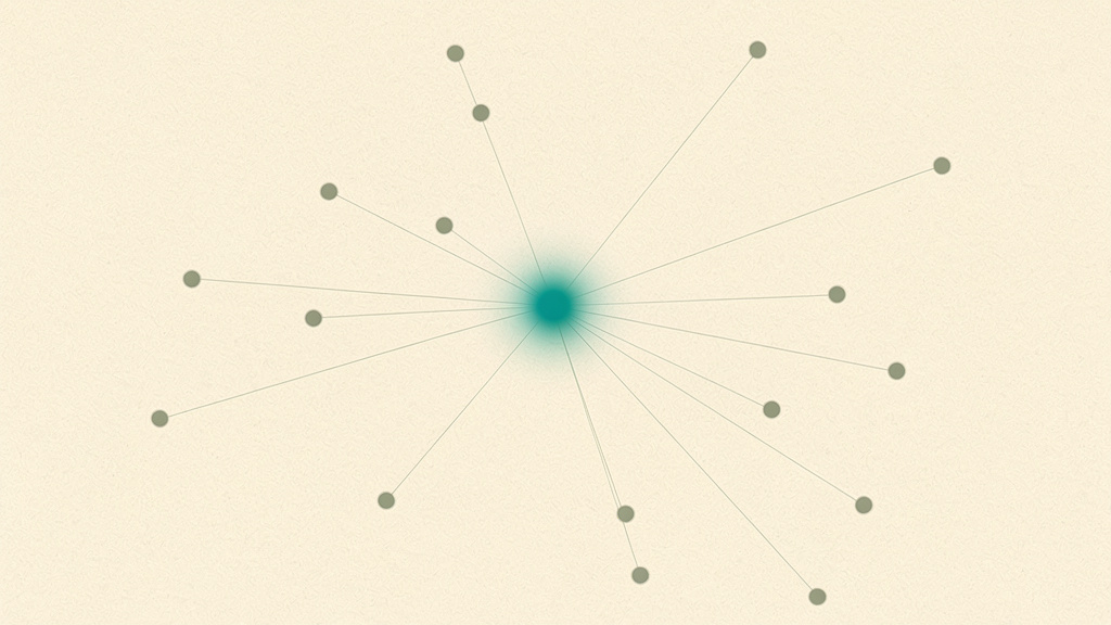 Many small scattered points spread across the frame each connect by a thin line to one glowing point near the center, showing how many different, unrelated causes can all trigger the same single lab signal.