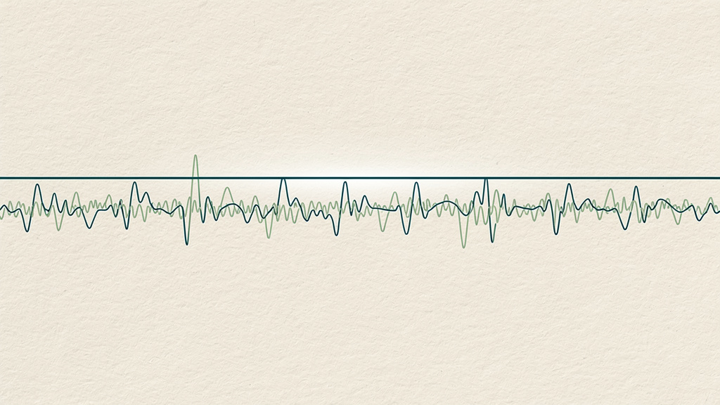 A smooth straight average line drawn across a restless matcha and teal variability trace on a bone-colored field, calm enough to pass over every peak beneath it.