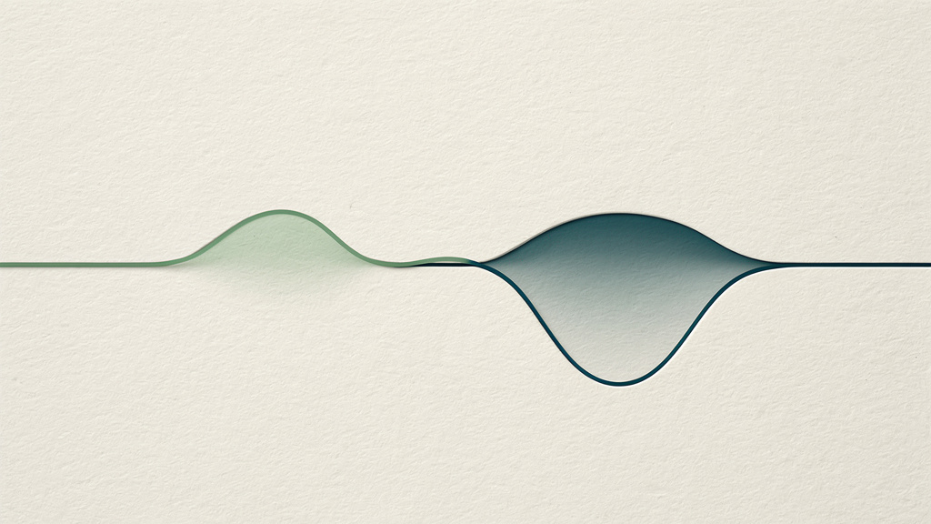 An abstract glucose curve traced as a single luminous line across a wide bone-colored field, rising into a soft matcha swell after a meal and easing into a calm deep teal trough between, smooth and stable.