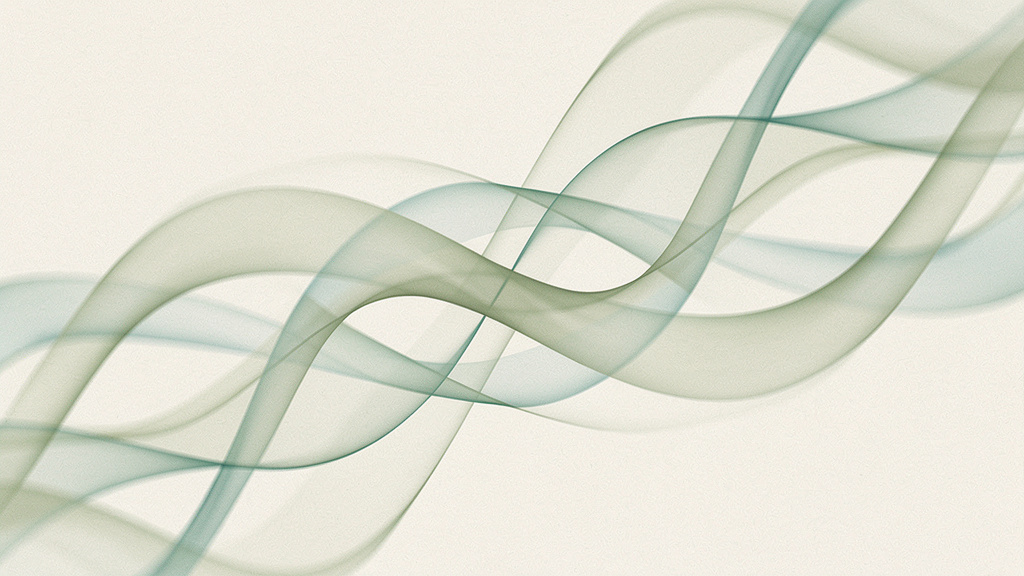 Translucent overlapping ribbons of soft green and teal light folding into a loose lattice in a bone field, an abstract nod to the catechin polyphenols the leaf carries.