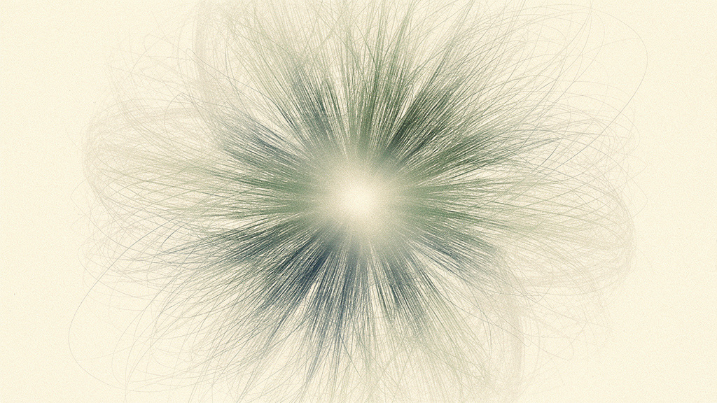 A dense weave of fine matcha and teal filaments on a bone field drawn gently inward toward a soft luminous core, suggesting strength gathered and held in reserve.