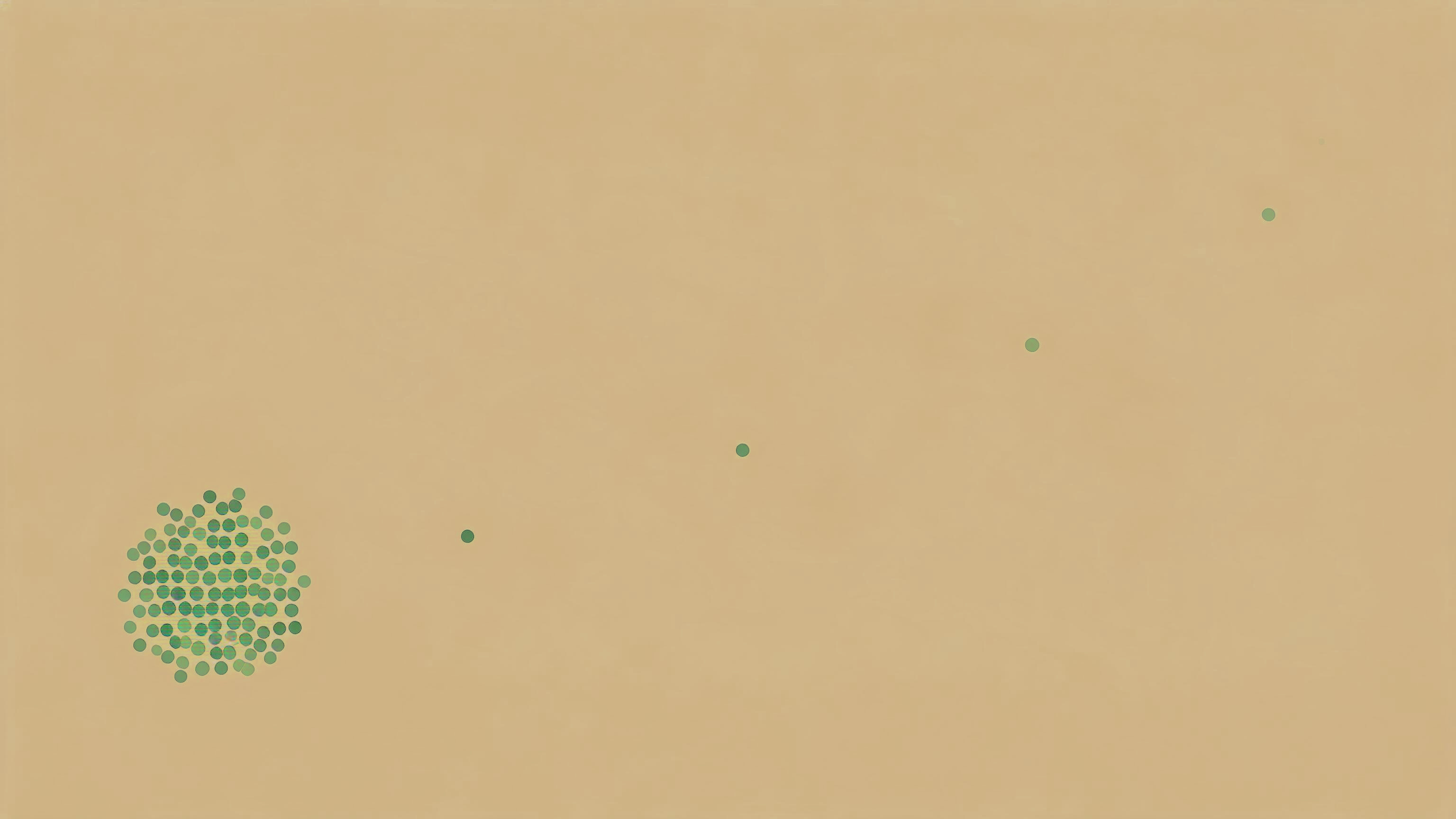 A dense cluster of small sage dots with a few matching dots drifting outward and fading at a distance, an abstract image of a local disturbance that may or may not reach places far from where it started.