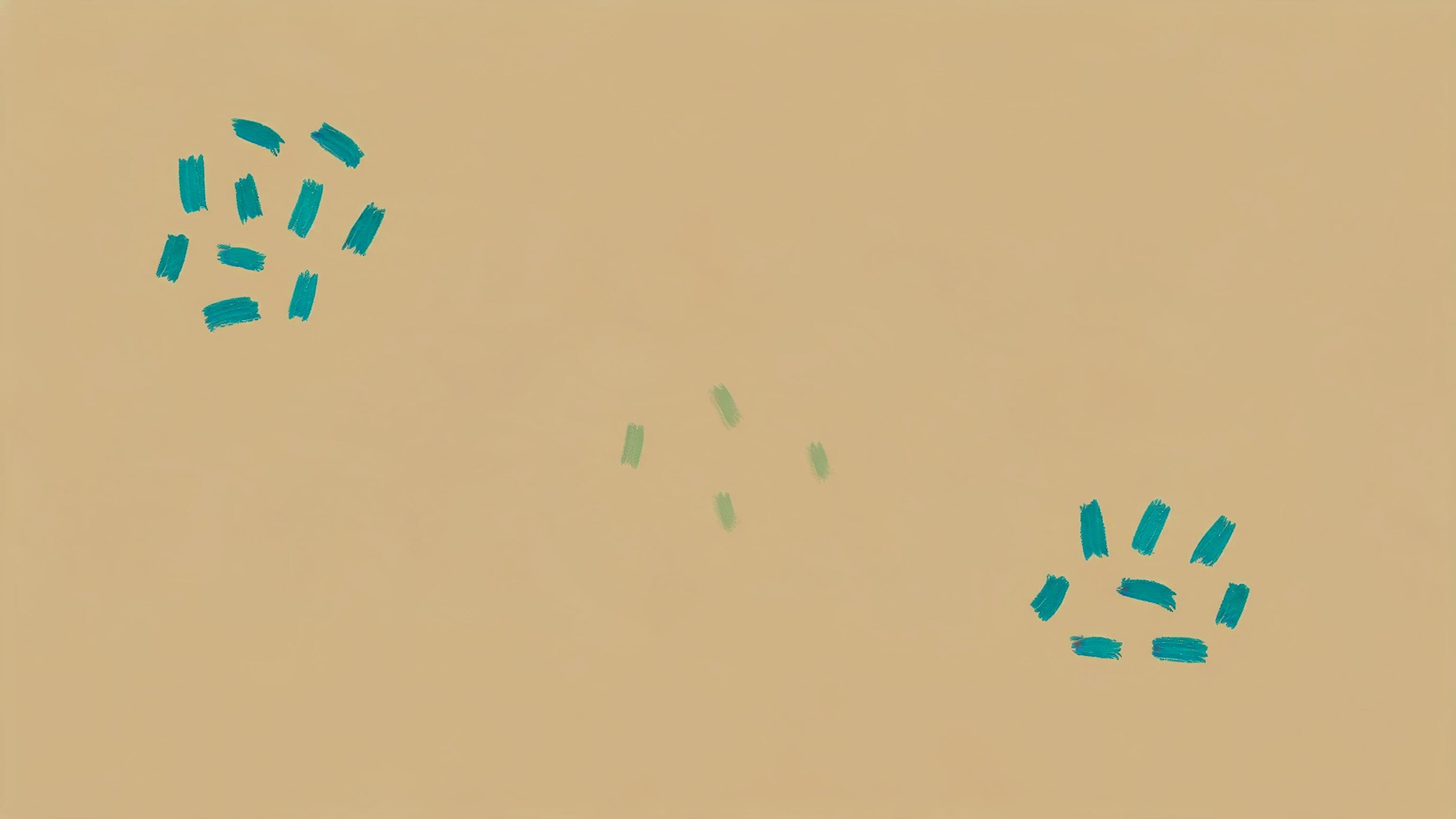 Two separate loose clusters of small teal marks on a warm bone field, with faint sage marks scattered between them but never joining them, an abstract image of two conditions that appear together without being connected by any single line.
