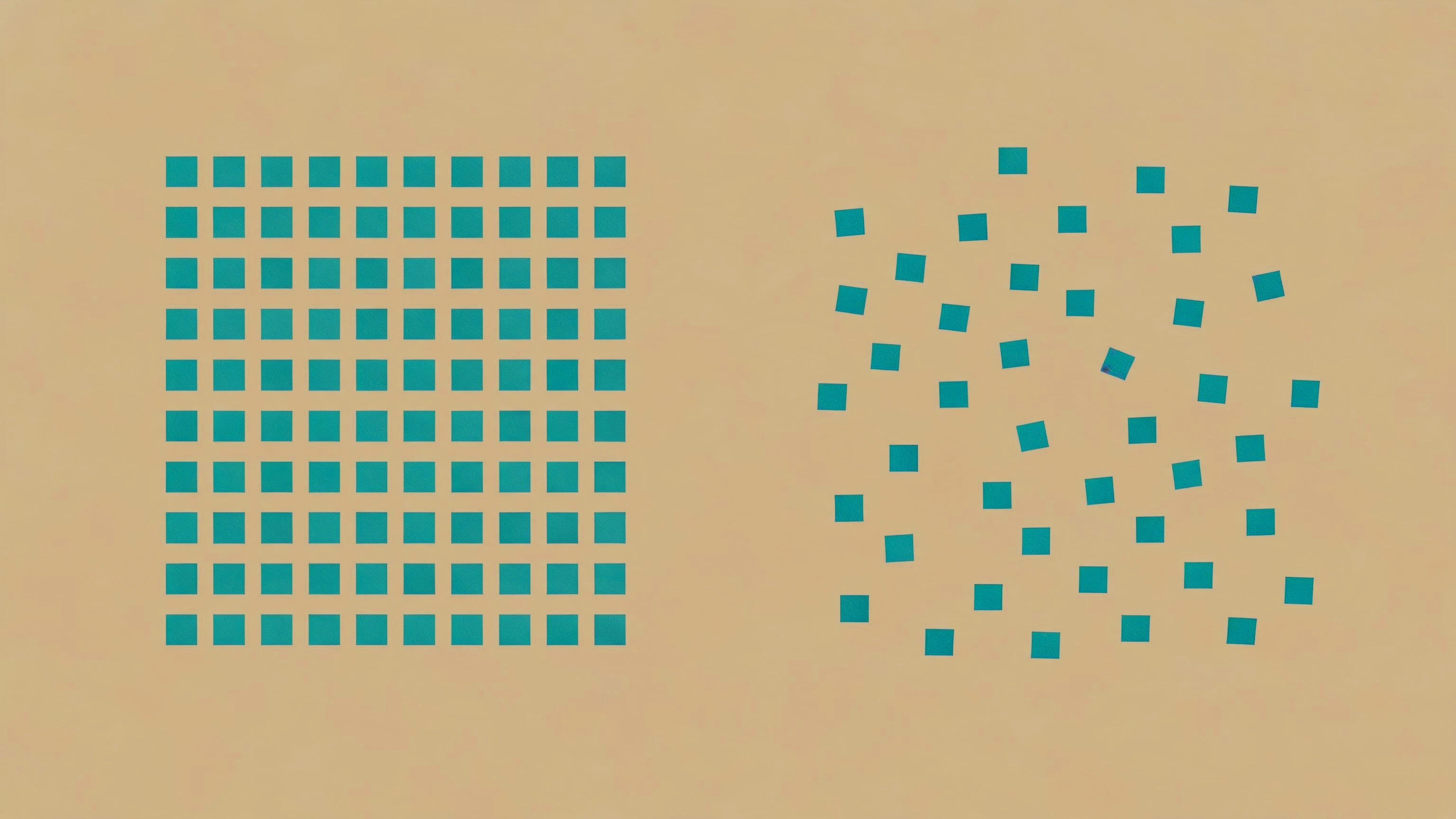 An orderly grid of small teal squares beside a looser, irregular scatter of the same shape, an abstract image of the same evidence reviewed twice, a decade apart, and read with the same amount of care.